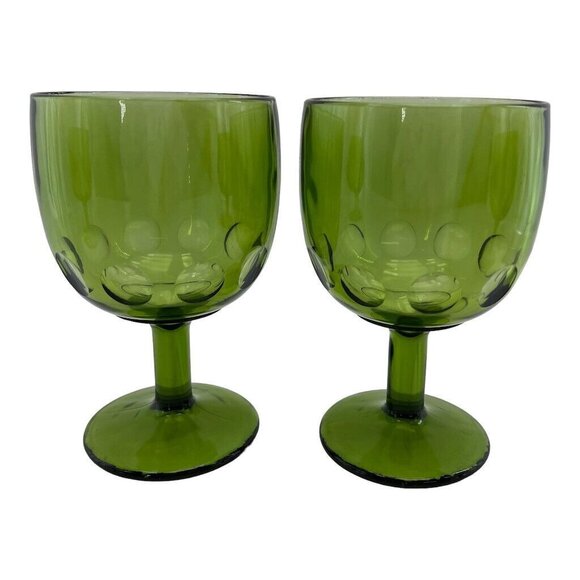 Set Of 4 Green Coin Dot Bartlett Collins Goblets Footed Thumbprint Pedestal Glas - Picture 12 of 13